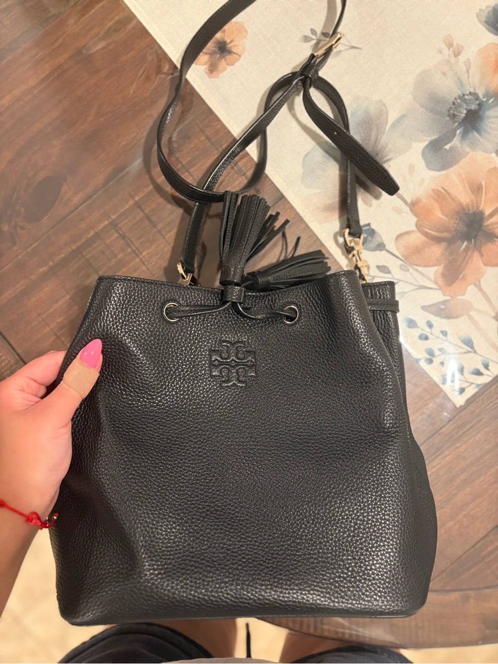 Tory Burch Black Pebbled Leather Bucket Bag
